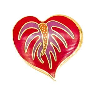 Vintage 1980s Laurel Burch Anthurium Flower Heart Cloisonné Brooch